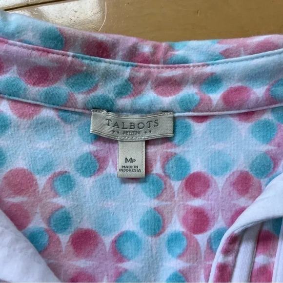 TALBOTS Blouse Cotton Blend Pink Blue Dot Design V Neck Collar Sz Petite Medium - Picture 3 of 8